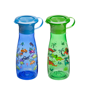 WOW CUP Mini 360 Bottle Twinpack -  Blue Cars/Green Dinosaurs, 2 x 12 oz/2 x 350 ml