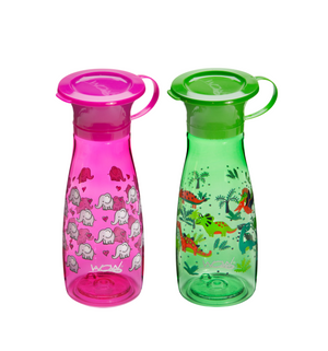 WOW CUP Mini 360 Bottle Twinpack -  Pink Elephants/Green Dinosaurs, 2 x 12 oz/2 x 350 ml