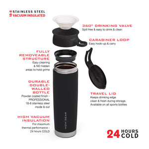 WOW GEAR 360° Double Walled Stainless Insulated Water Bottle - Black, 22 OZ / 650 ML